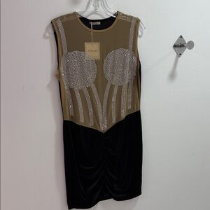 Elegant Black and Brown Mesh Studded Sleeveless Mini Dress